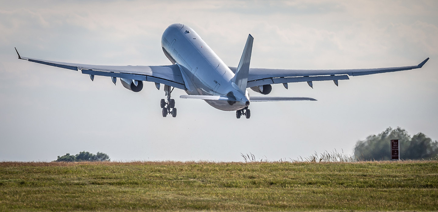 View from behind of a Voyager aircraft taking off